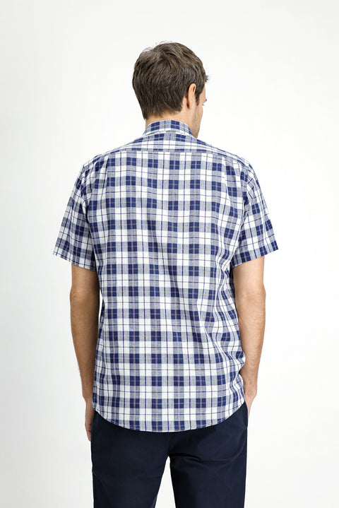 Light Navy Short Sleeve Regular Fit Cotton Sport Button-Down Plaid Shirt