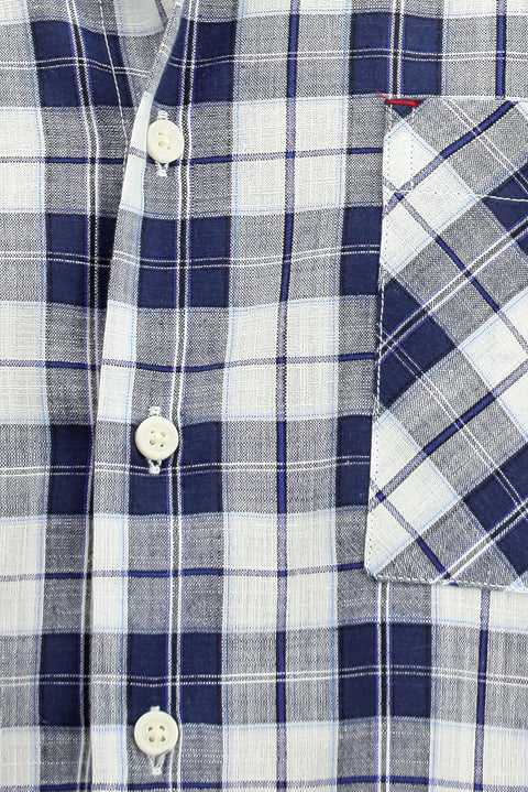 Light Navy Short Sleeve Regular Fit Cotton Sport Button-Down Plaid Shirt