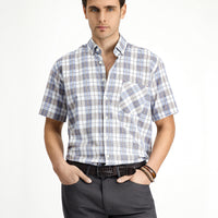 Medium Beige Short Sleeve Regular Fit Cotton Sport Button-Down Collar Plaid Shirt