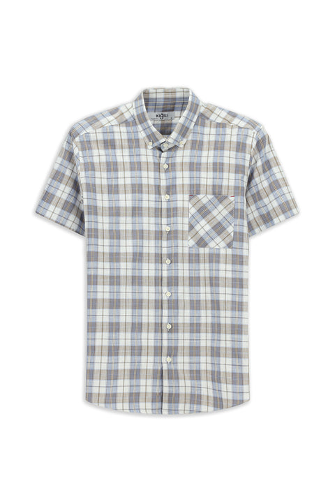 Medium Beige Short Sleeve Regular Fit Cotton Sport Button-Down Collar Plaid Shirt