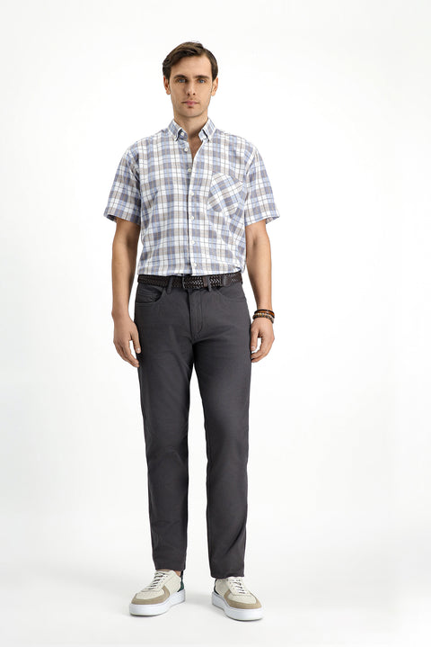 Medium Beige Short Sleeve Regular Fit Cotton Sport Button-Down Collar Plaid Shirt