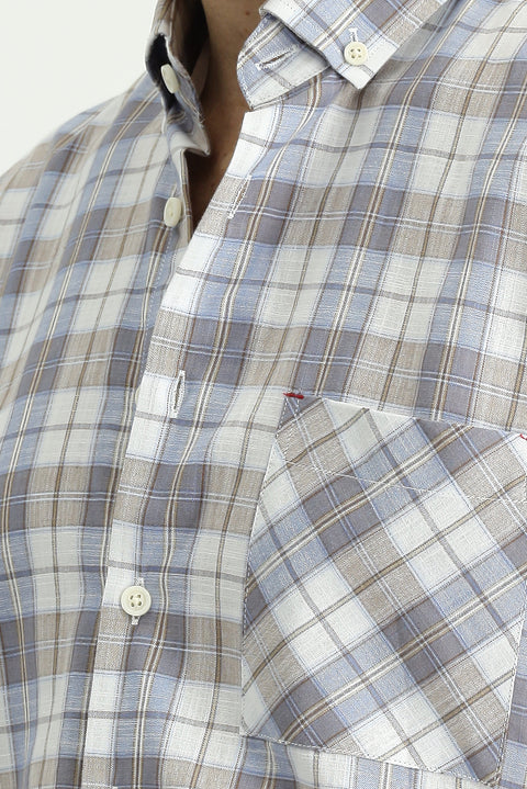 Medium Beige Short Sleeve Regular Fit Cotton Sport Button-Down Collar Plaid Shirt