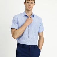 Light Blue Short Sleeve Regular Fit Plaid Cotton Shirt