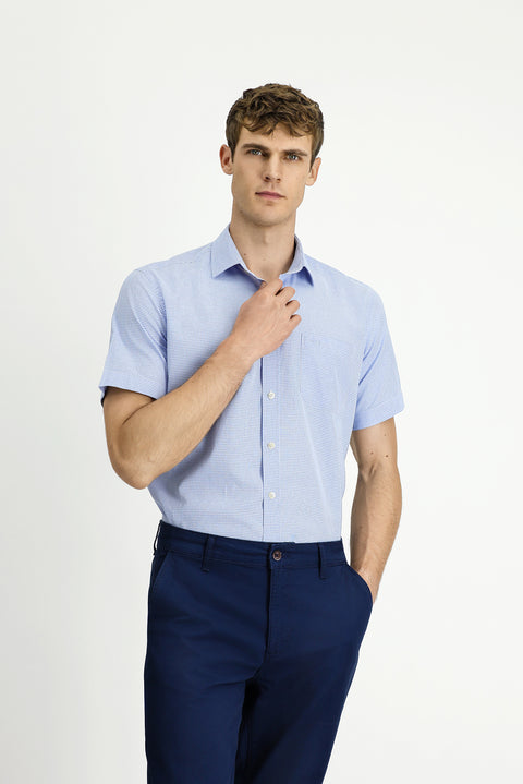 Light Blue Short Sleeve Regular Fit Plaid Cotton Shirt