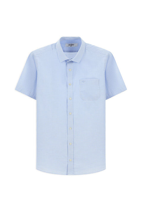 Light Blue Short Sleeve Regular Fit Plaid Cotton Shirt