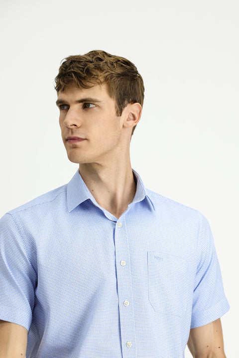 Light Blue Short Sleeve Regular Fit Plaid Cotton Shirt