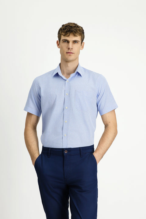 Light Blue Short Sleeve Regular Fit Plaid Cotton Shirt
