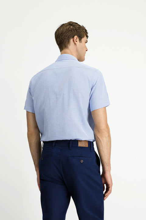 Light Blue Short Sleeve Regular Fit Plaid Cotton Shirt