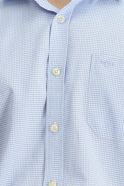 Light Blue Short Sleeve Regular Fit Plaid Cotton Shirt