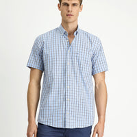 Blue Short Sleeve Regular Fit Plaid Button-Down Collar Easy-Iron Cotton Shirt