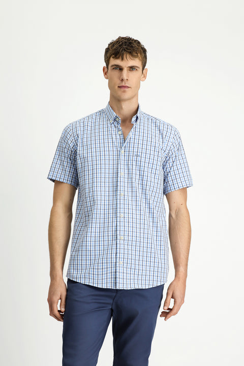 Blue Short Sleeve Regular Fit Plaid Button-Down Collar Easy-Iron Cotton Shirt