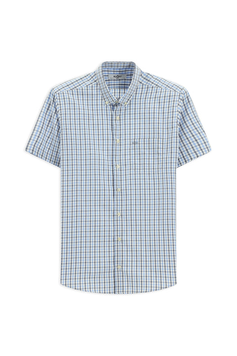 Blue Short Sleeve Regular Fit Plaid Button-Down Collar Easy-Iron Cotton Shirt