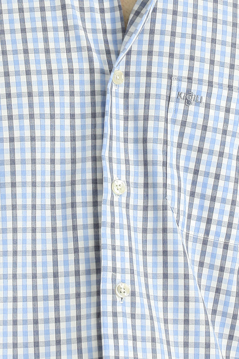 Blue Short Sleeve Regular Fit Plaid Button-Down Collar Easy-Iron Cotton Shirt
