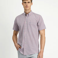 Light Burgundy Short Sleeve Regular Fit Plaid Button-Down Collar Easy-Iron Cotton Shirt