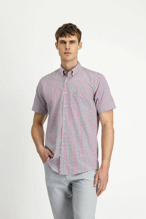 Light Burgundy Short Sleeve Regular Fit Plaid Button-Down Collar Easy-Iron Cotton Shirt