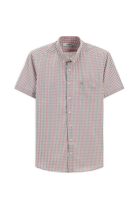 Light Burgundy Short Sleeve Regular Fit Plaid Button-Down Collar Easy-Iron Cotton Shirt