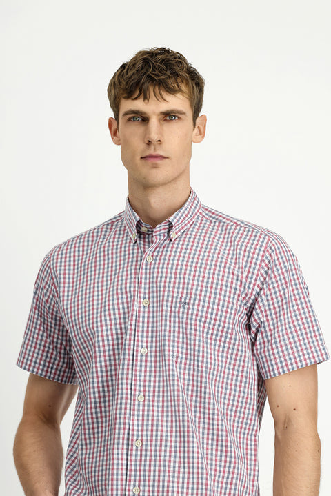 Light Burgundy Short Sleeve Regular Fit Plaid Button-Down Collar Easy-Iron Cotton Shirt