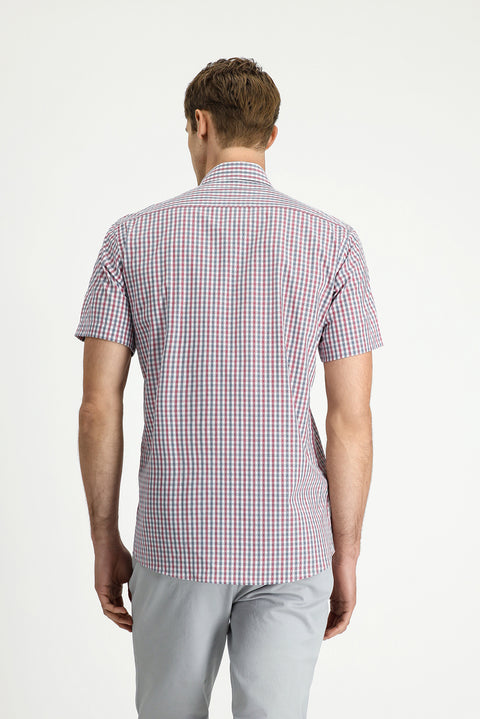 Light Burgundy Short Sleeve Regular Fit Plaid Button-Down Collar Easy-Iron Cotton Shirt