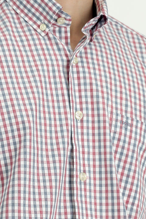 Light Burgundy Short Sleeve Regular Fit Plaid Button-Down Collar Easy-Iron Cotton Shirt