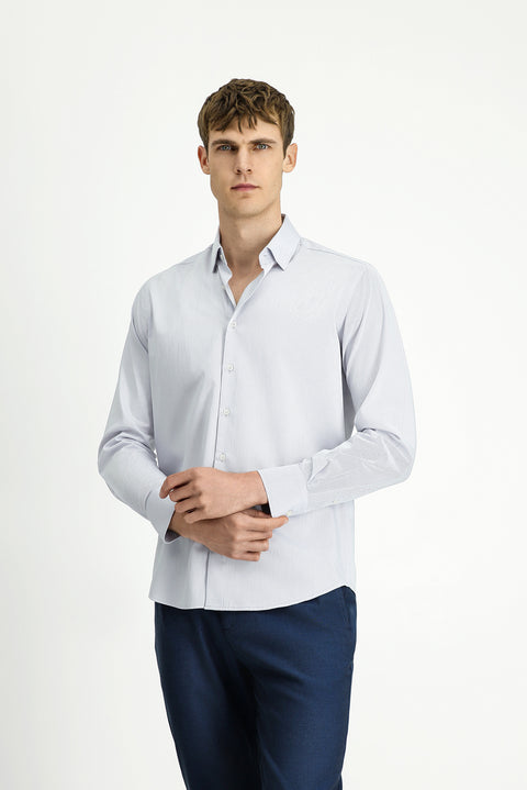 Medium Grey Long Sleeve Slim Fit Narrow Cut Classic Patterned Cotton Shirt