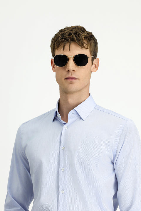 Light Blue Long Sleeve Slim Fit Narrow Cut Classic Patterned Cotton Shirt