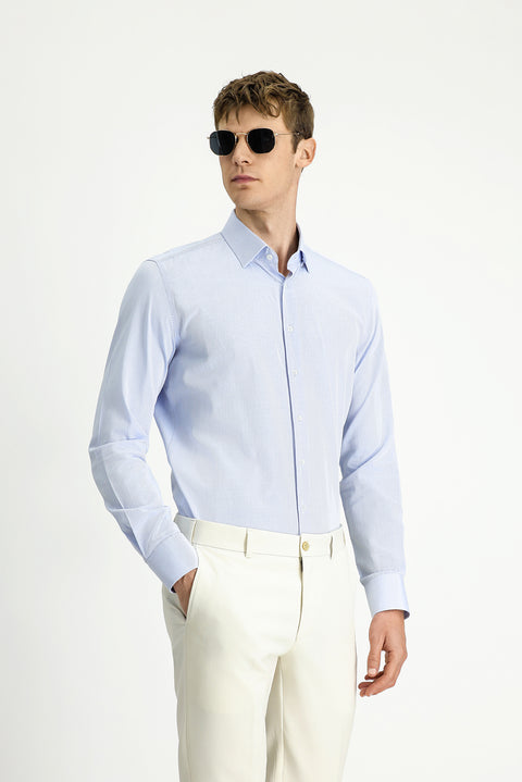 Light Blue Long Sleeve Slim Fit Narrow Cut Classic Patterned Cotton Shirt