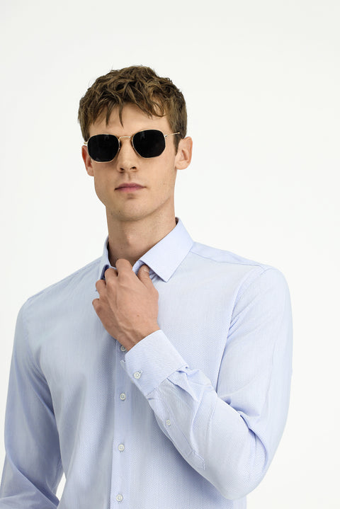 Light Blue Long Sleeve Slim Fit Narrow Cut Classic Patterned Cotton Shirt