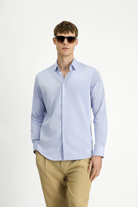Blue Long Sleeve Slim Fit Narrow Cut Classic Patterned Cotton Shirt
