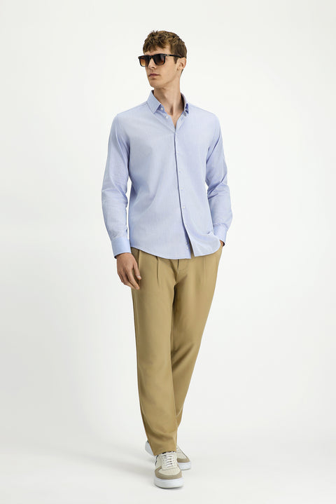 Blue Long Sleeve Slim Fit Narrow Cut Classic Patterned Cotton Shirt