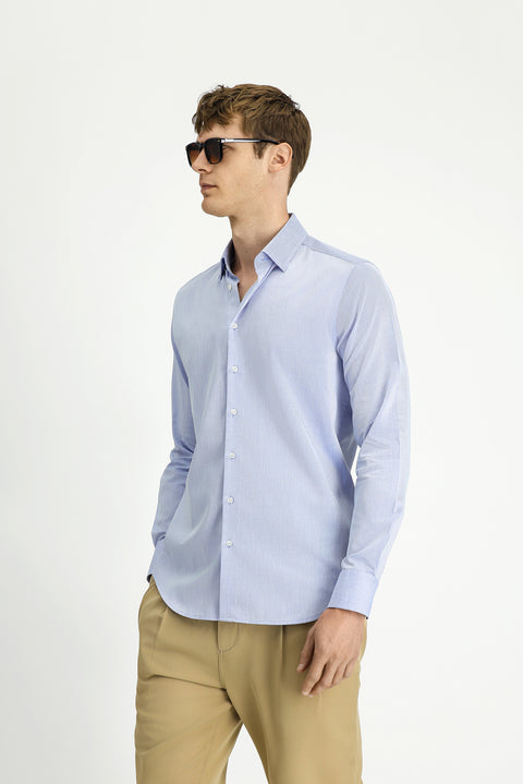 Blue Long Sleeve Slim Fit Narrow Cut Classic Patterned Cotton Shirt