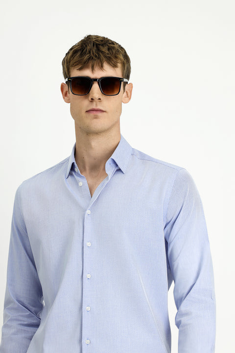 Blue Long Sleeve Slim Fit Narrow Cut Classic Patterned Cotton Shirt