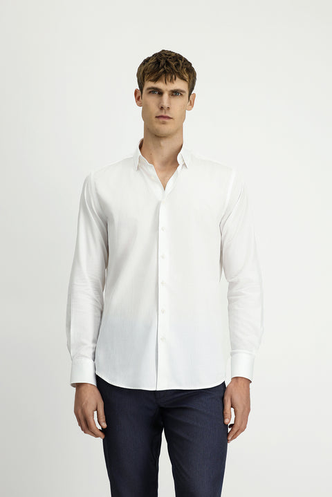 White Long Sleeve Slim Fit Narrow Cut Classic Patterned Cotton Shirt