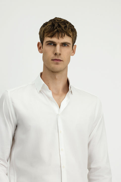 White Long Sleeve Slim Fit Narrow Cut Classic Patterned Cotton Shirt