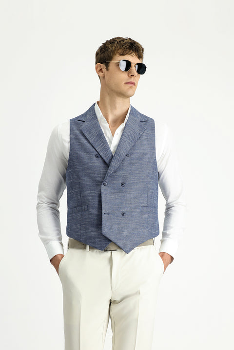 Medium Navy Patterned Classic Double-Breasted Vest
