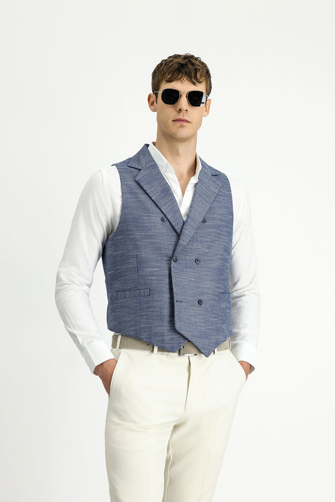 Medium Navy Patterned Classic Double-Breasted Vest