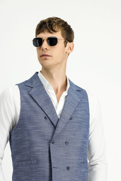Medium Navy Patterned Classic Double-Breasted Vest