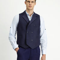 Dark Navy Wool and Linen Blend Classic Double-Breasted Vest