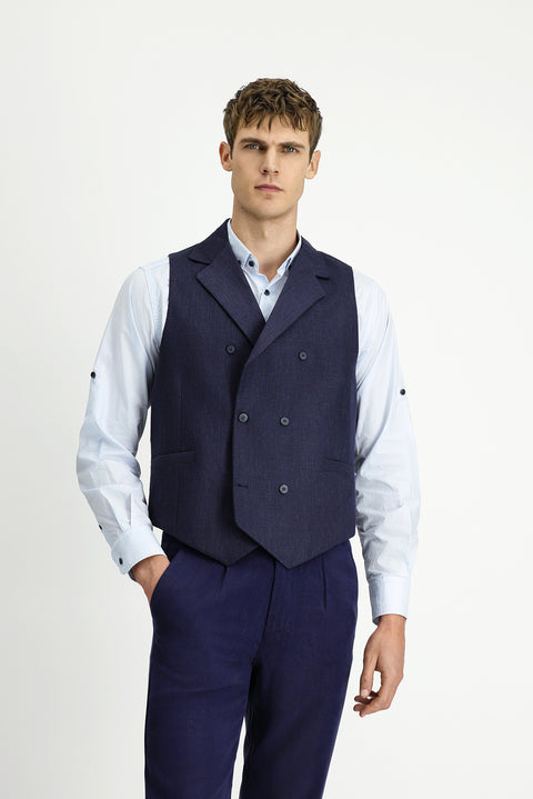 Dark Navy Wool and Linen Blend Classic Double-Breasted Vest