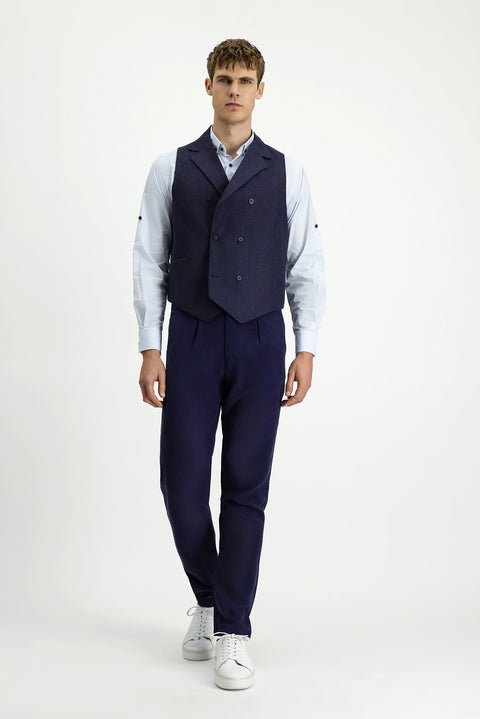 Dark Navy Wool and Linen Blend Classic Double-Breasted Vest