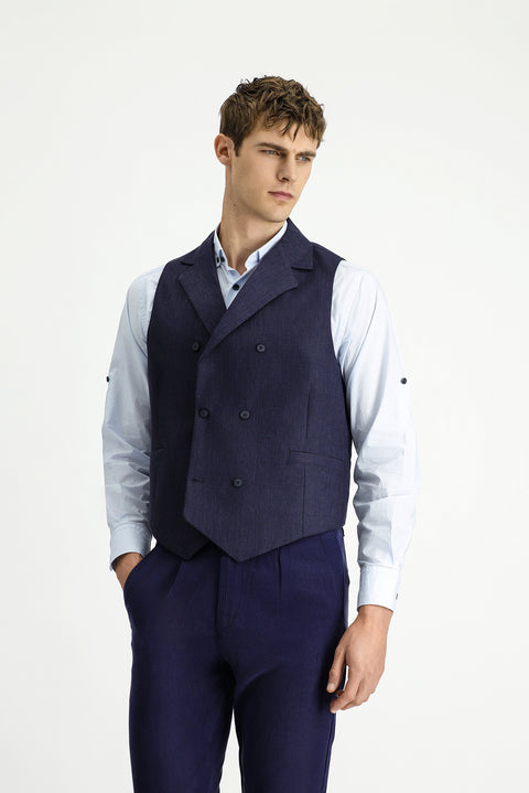 Dark Navy Wool and Linen Blend Classic Double-Breasted Vest