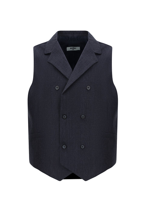 Dark Navy Wool and Linen Blend Classic Double-Breasted Vest