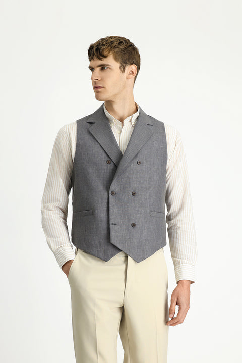 Dark Anthracite Wool and Linen Blend Classic Double-Breasted Vest
