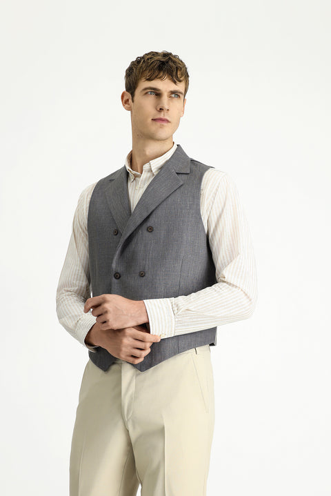 Dark Anthracite Wool and Linen Blend Classic Double-Breasted Vest