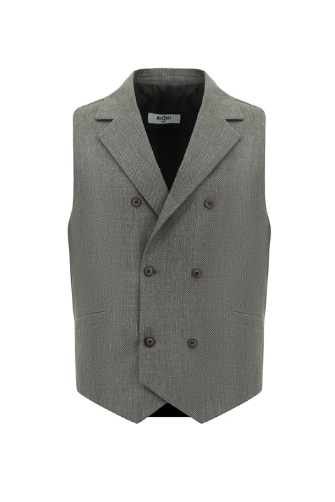 Dark Anthracite Wool and Linen Blend Classic Double-Breasted Vest