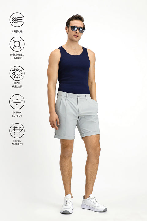 Açık Gri Techno-Line Slim Fit Dar Kesim Likralı Bermuda Şort