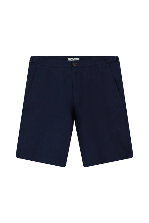 Dark Navy Regular Fit Standard Cut Buckled Linen Bermuda Shorts