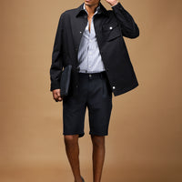 Mid Navy Regular Fit Standard Cut Lycra Striped Pleated Gofre Bermuda Shorts