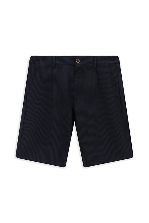 Mid Navy Regular Fit Standard Cut Lycra Striped Pleated Gofre Bermuda Shorts