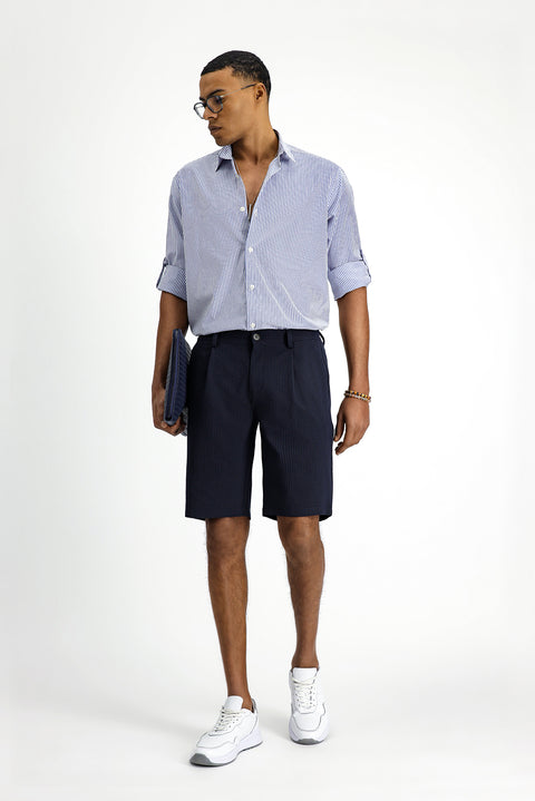 Mid Navy Regular Fit Standard Cut Lycra Striped Pleated Gofre Bermuda Shorts