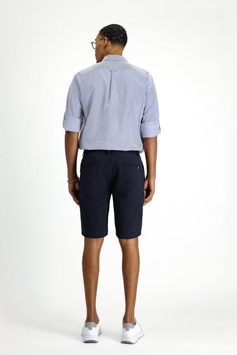 Mid Navy Regular Fit Standard Cut Lycra Striped Pleated Gofre Bermuda Shorts